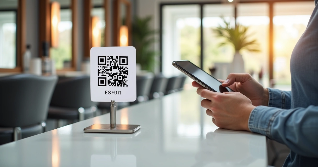 Cliente usando celular para escanear QR code em salão moderno de beleza para autoatendimento