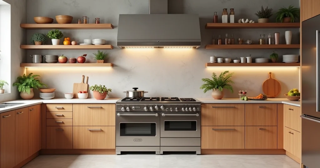 Cinco lixeiras coloridas para coleta seletiva organizadas em cozinha profissional com alimentos frescos e utensílios