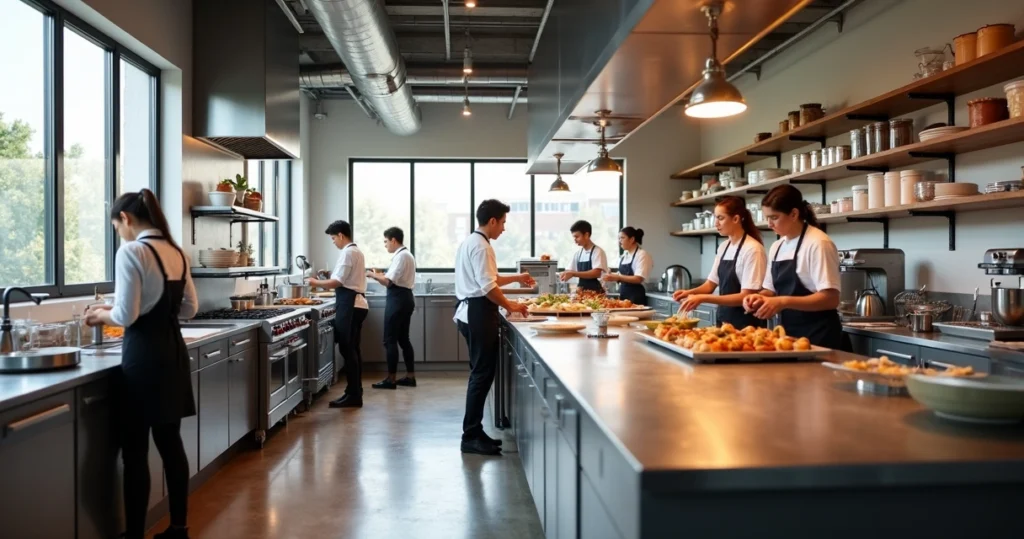Interior de cozinha compartilhada com bancadas ocupadas, equipamentos modernos e microempreendedores trabalhando juntos