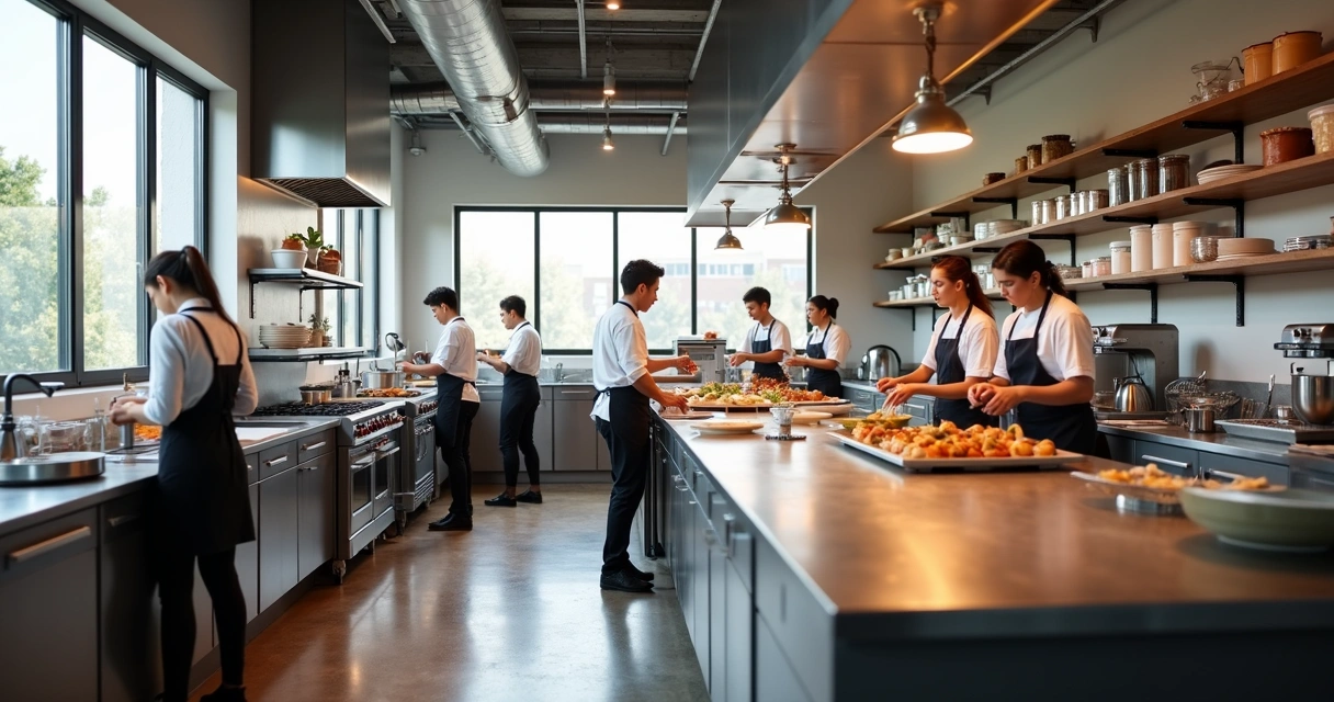 Interior de cozinha compartilhada com bancadas ocupadas, equipamentos modernos e microempreendedores trabalhando juntos