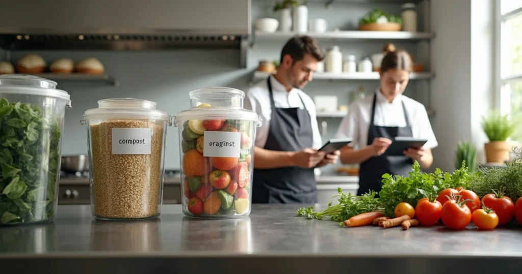 Cozinha profissional organizada com alimentos frescos, recipientes etiquetados e resíduos minimizados