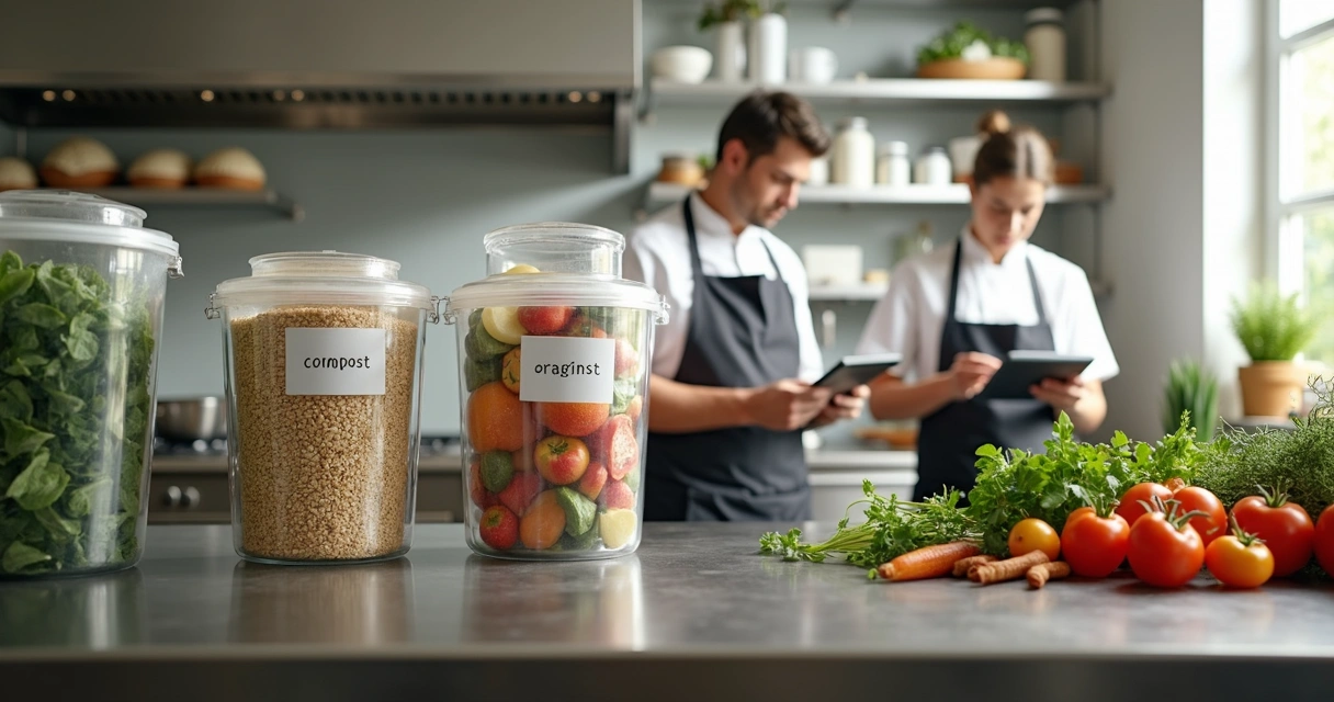 Cozinha profissional organizada com alimentos frescos, recipientes etiquetados e resíduos minimizados