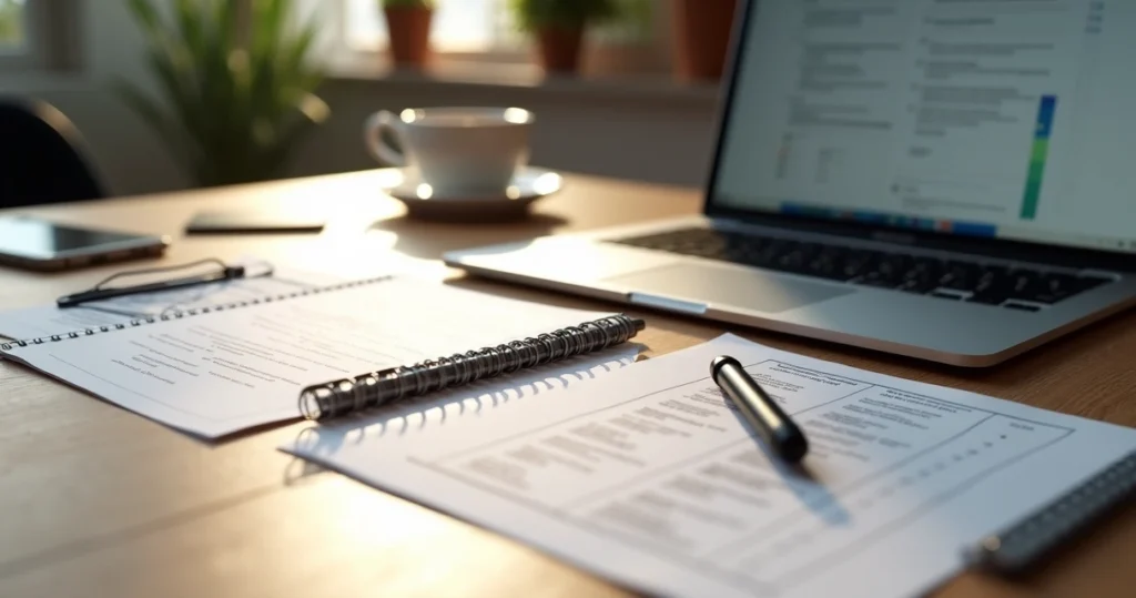 Mesa com documentos, laptop, caneta e café em ambiente de escritório para abrir negócio de alimentação