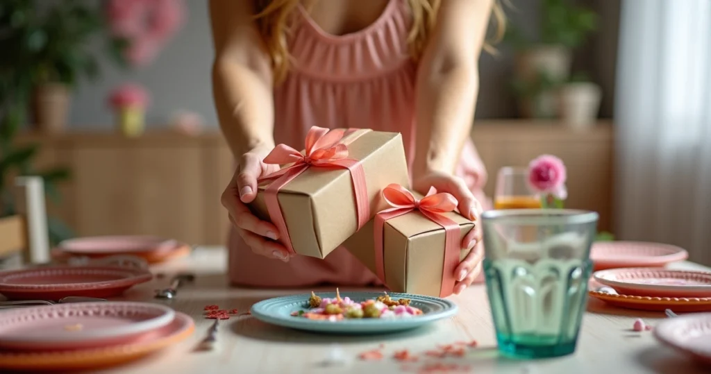 Mãos segurando caixas de entrega para festa com embalagens decoradas em mesa com pratos e copos festivos