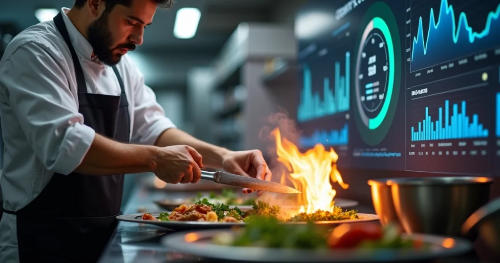 Cozinha profissional com equipe analisando indicadores de desempenho em telas digitais