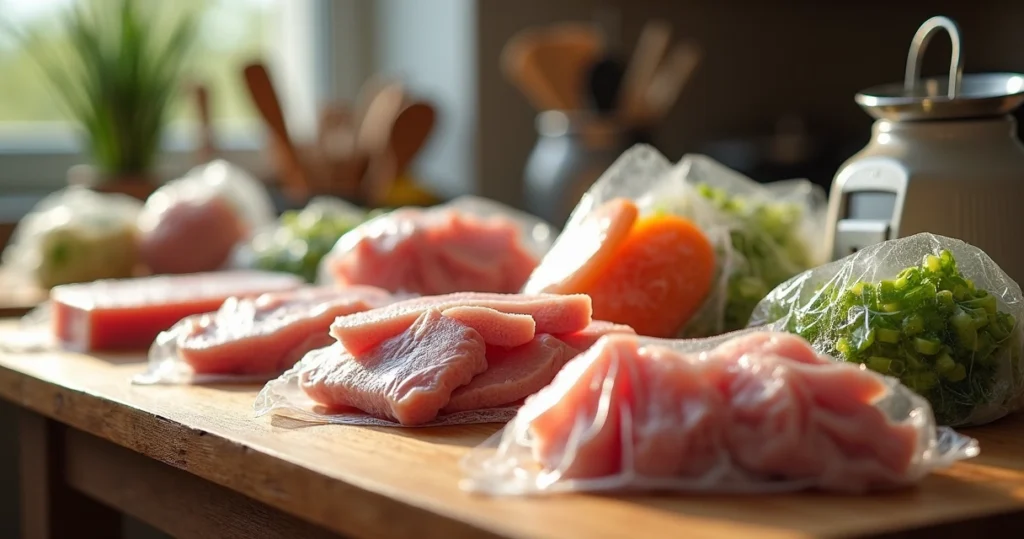 Mesa com diversos alimentos congelados organizados em embalagens transparentes sobre superfície de madeira