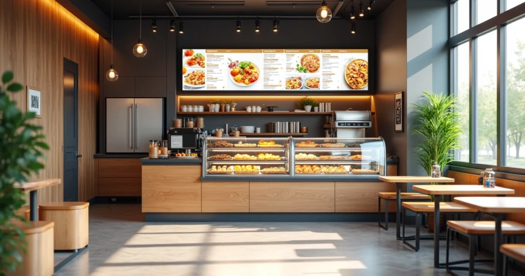 Espaço pequeno e moderno de microfranquia no setor food service com balcão, equipamentos essenciais e menu digital