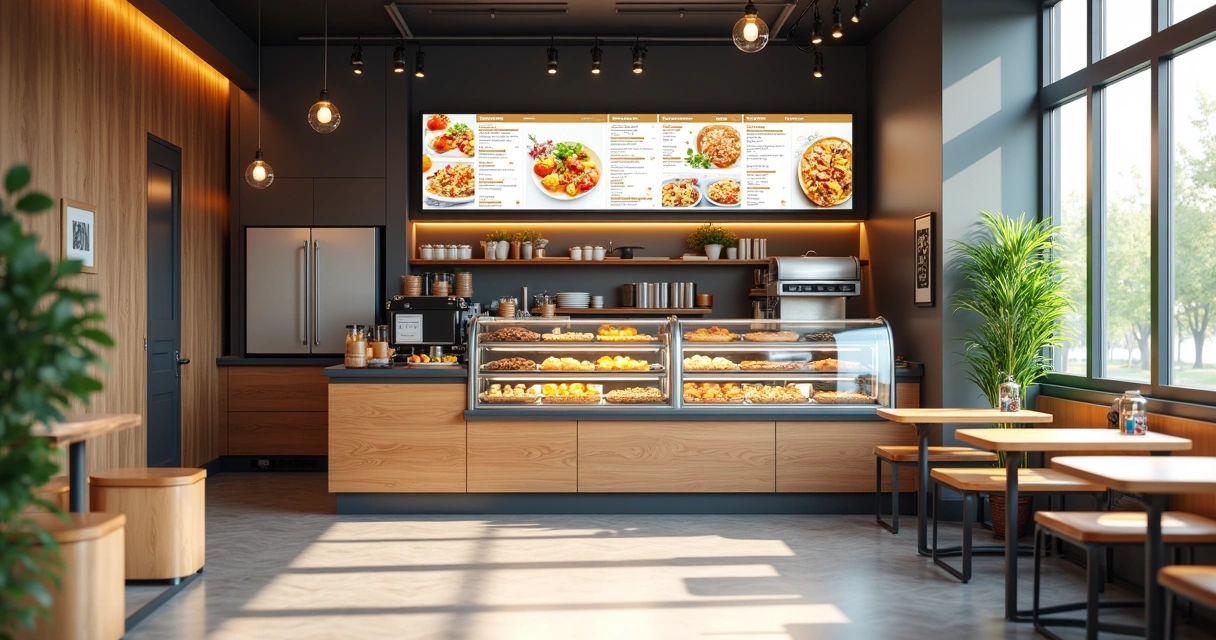 Espaço pequeno e moderno de microfranquia no setor food service com balcão, equipamentos essenciais e menu digital