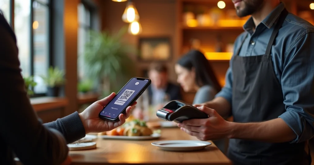 Cliente fazendo pagamento digital via Pix em restaurante pequeno com garçom e ambiente acolhedor