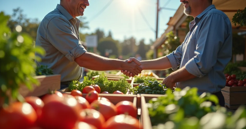 Empresário apertando a mão de um pequeno produtor em uma feira ao ar livre com vegetais frescos à volta