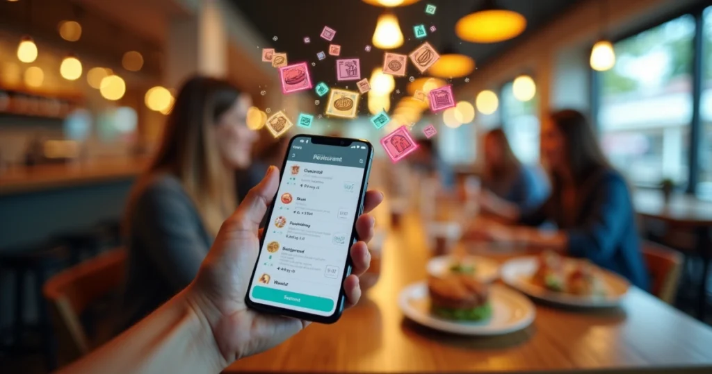 Cartão de fidelidade digital em smartphone com ilustrações de pratos e descontos no fundo colorido