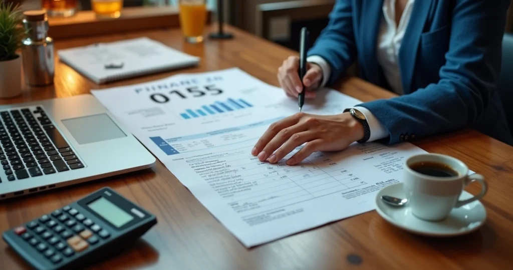 Mesa de bar com documento fiscal, calculadora, notebook aberto e pessoa analisando tributos