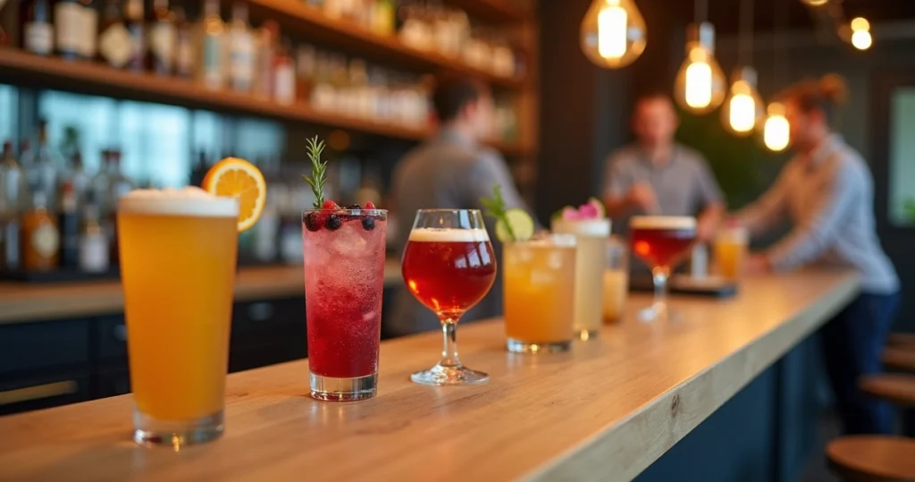Balcão de bar moderno com diversas bebidas artesanais coloridas alinhadas