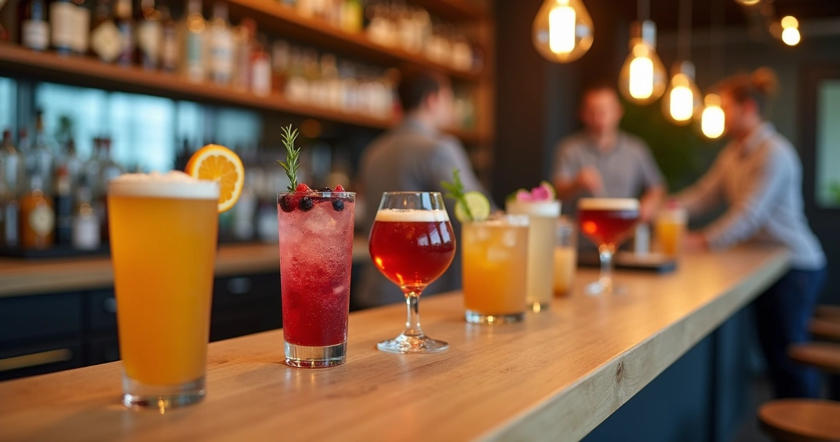 Balcão de bar moderno com diversas bebidas artesanais coloridas alinhadas