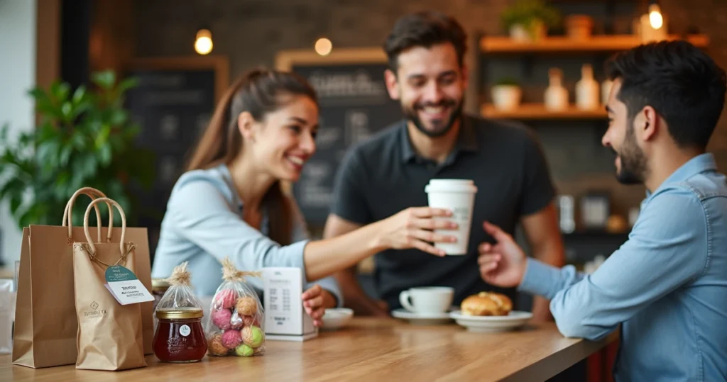 Empreendedor de alimentação entregando brindes personalizados a clientes em cafeteria moderna