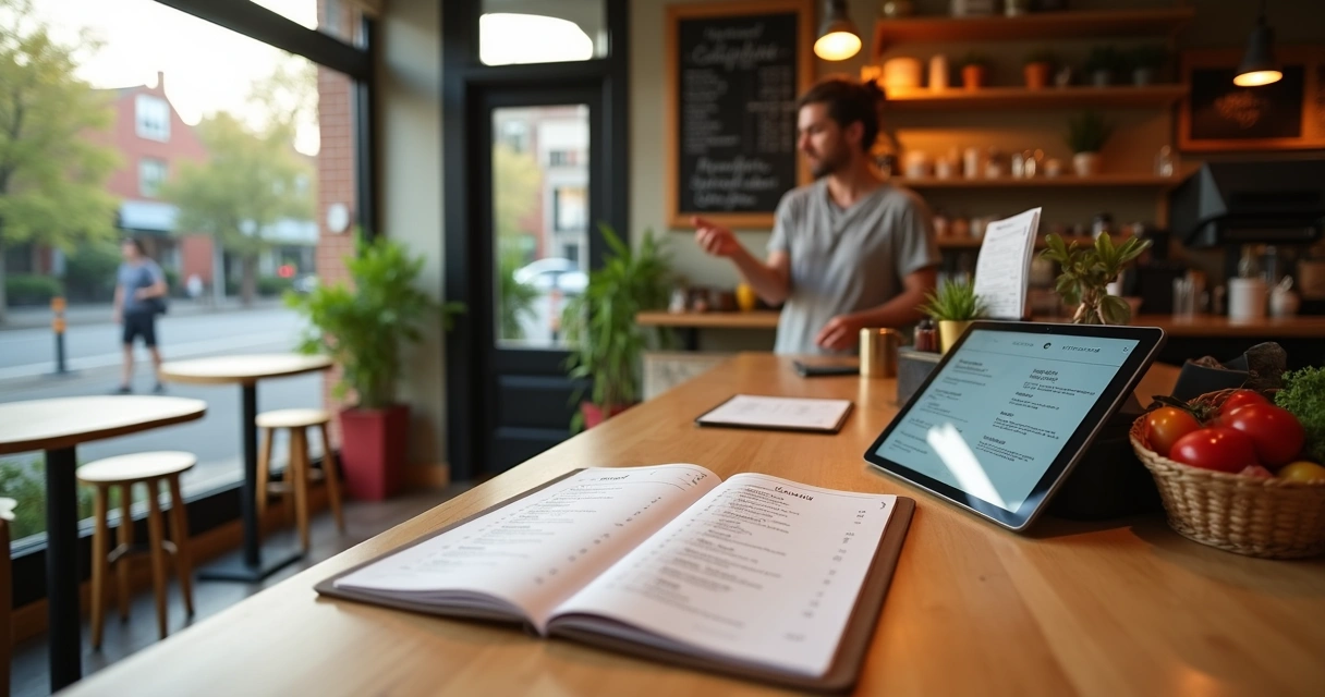 Dono de pequeno restaurante analisando cardápio enxuto em balcão de atendimento