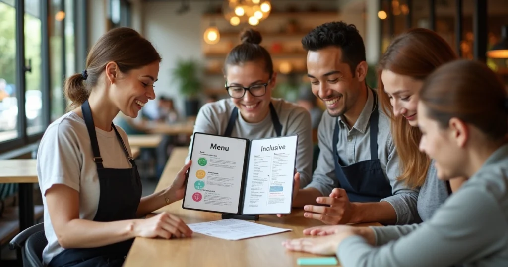 Equipe de restaurante reunida em torno de cardápio inclusivo impresso e digital
