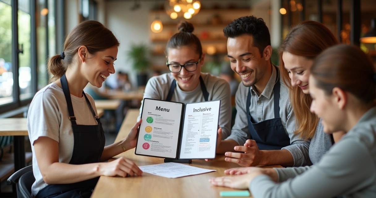 Equipe de restaurante reunida em torno de cardápio inclusivo impresso e digital