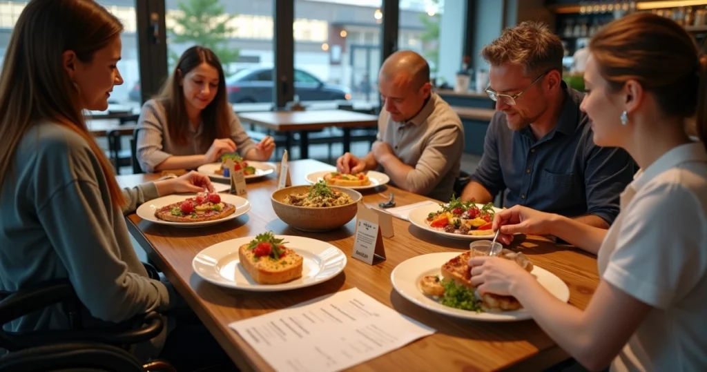 Mesa de restaurante com cardápio inclusivo e clientes diversos comendo juntos