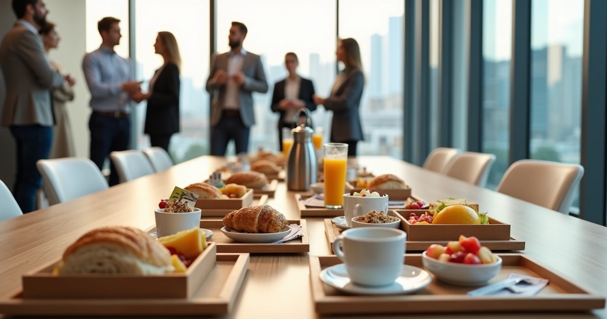 Mesa de café da manhã corporativo com combos organizados e pessoas em reunião ao fundo
