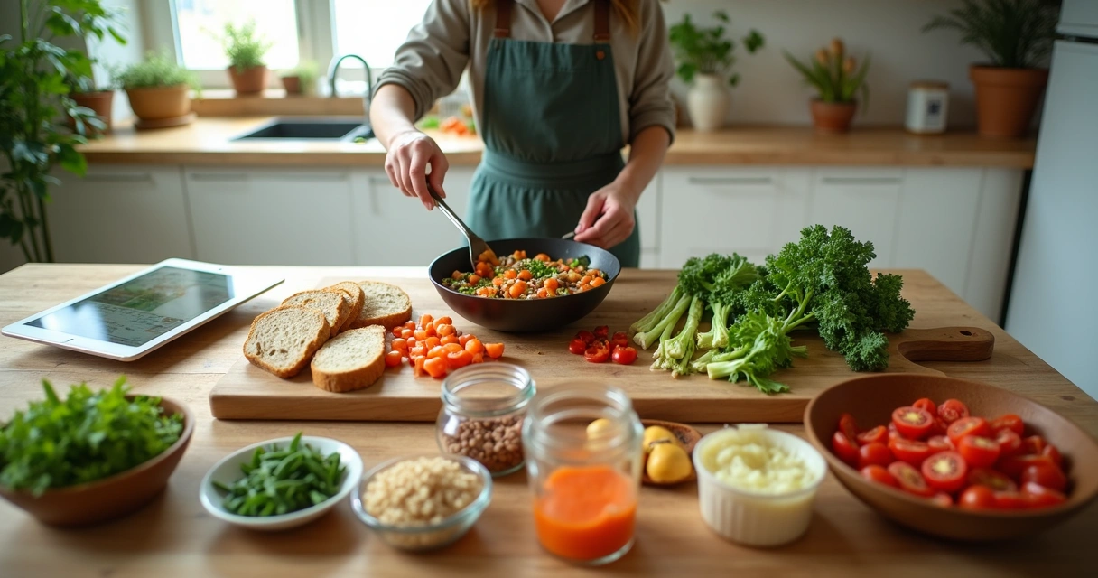 Mesa de cozinha com ingredientes reaproveitados organizados para receitas sem desperdício