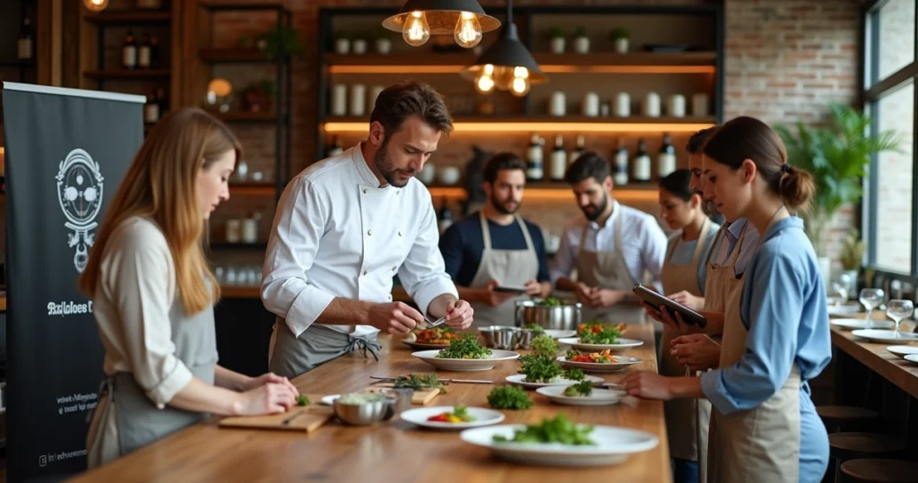 Chef ensinando grupo de alunos em aula de culinária dentro de restaurante