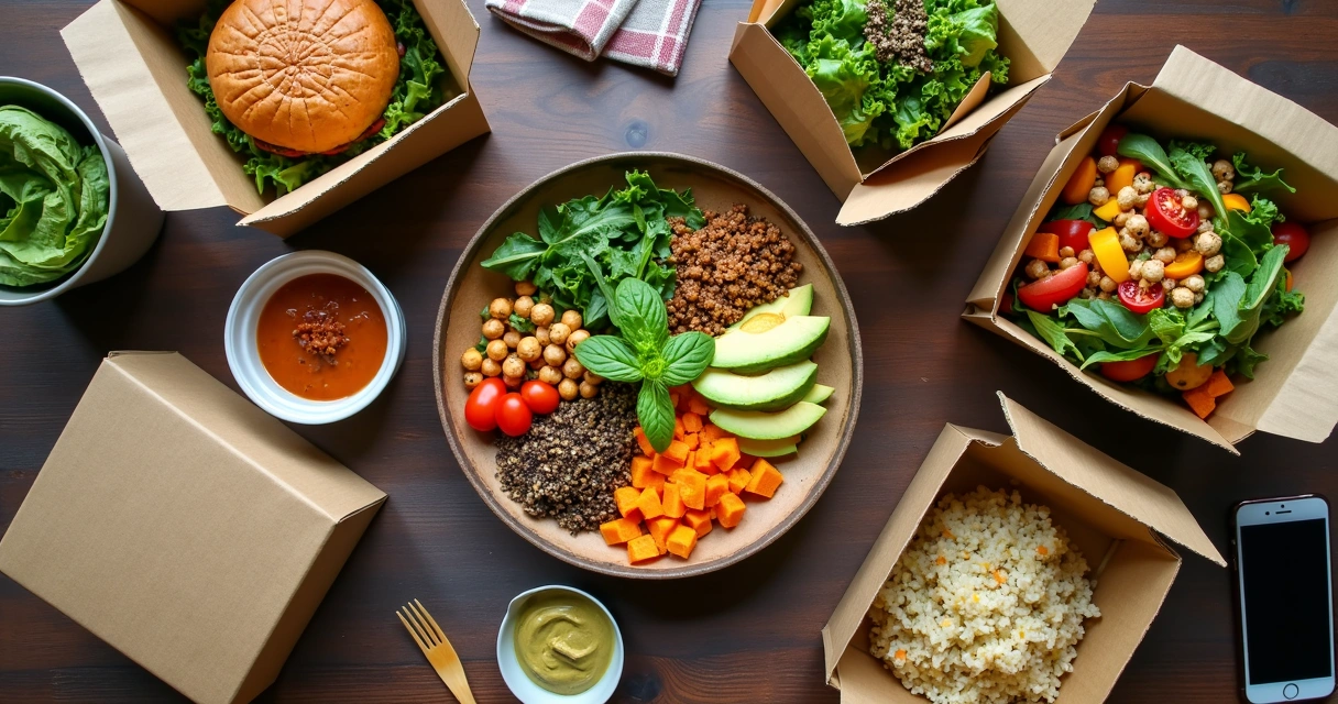 Embalagens de delivery com pratos vegetarianos coloridos sobre mesa de madeira