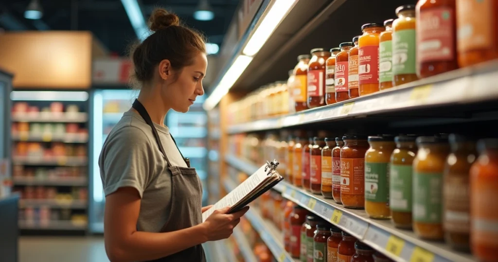 Empreendedor organizando linha de produtos alimentícios em gôndola de supermercado local