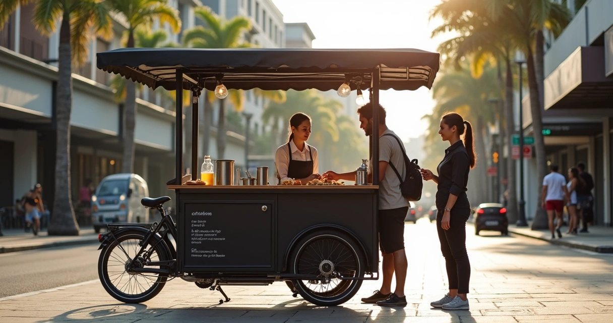 Food bike moderna atendendo clientes em rua movimentada de cidade média