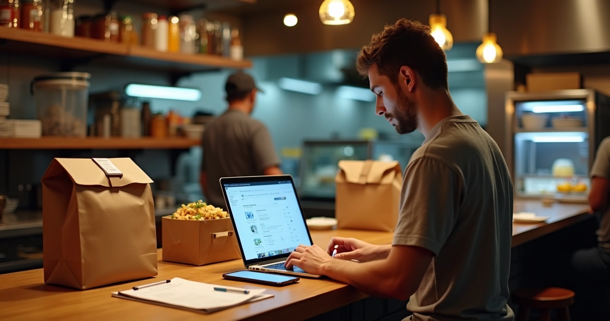 Dono de restaurante analisando devoluções de pedidos de delivery em frente ao balcão