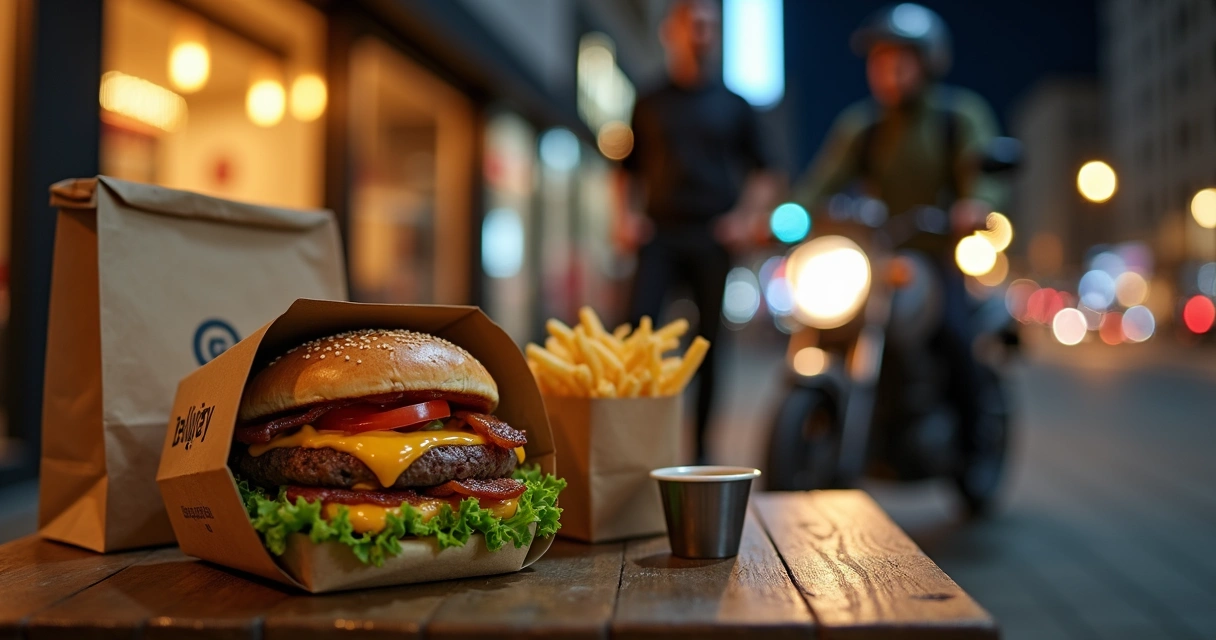 Hambúrguer artesanal em caixa de delivery com moto de entrega ao fundo