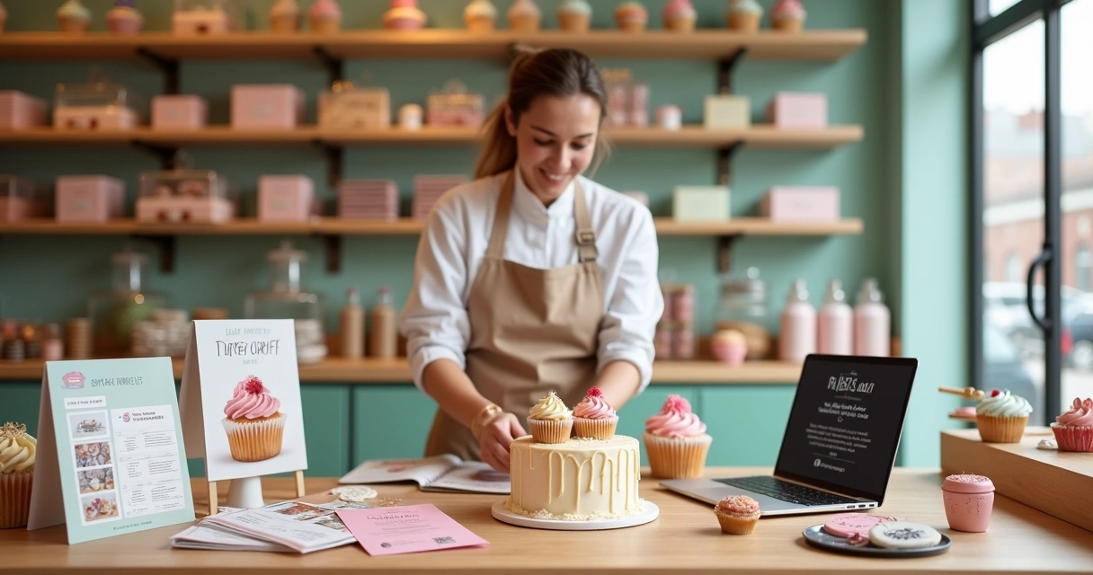 Confeiteira decorando cupcakes em balcão com materiais de marketing ao redor