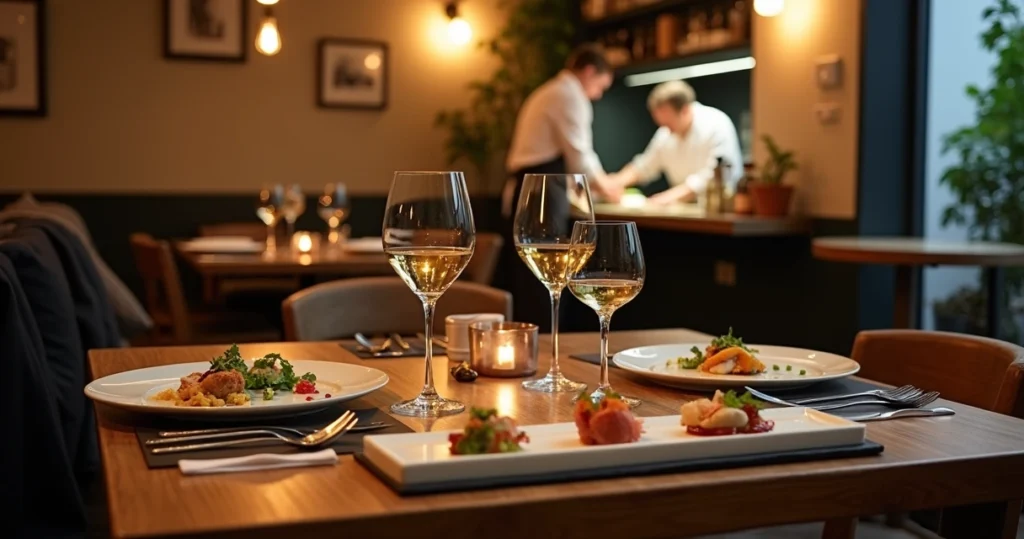 Mesa de restaurante pequeno com menu degustação elegante servido em vários pratos pequenos