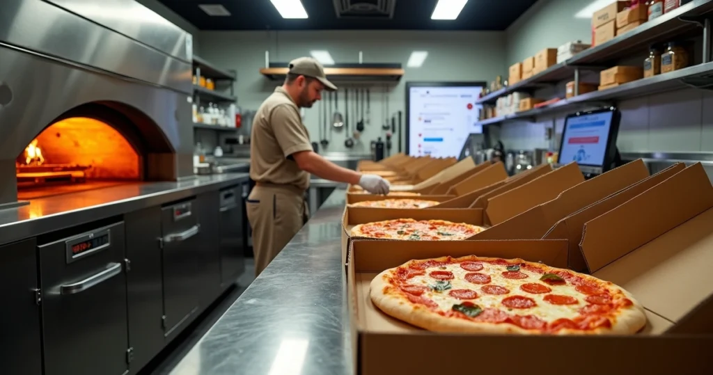 Cozinha profissional de pizzaria focada em delivery com pizzaiolo preparando caixas de pizza