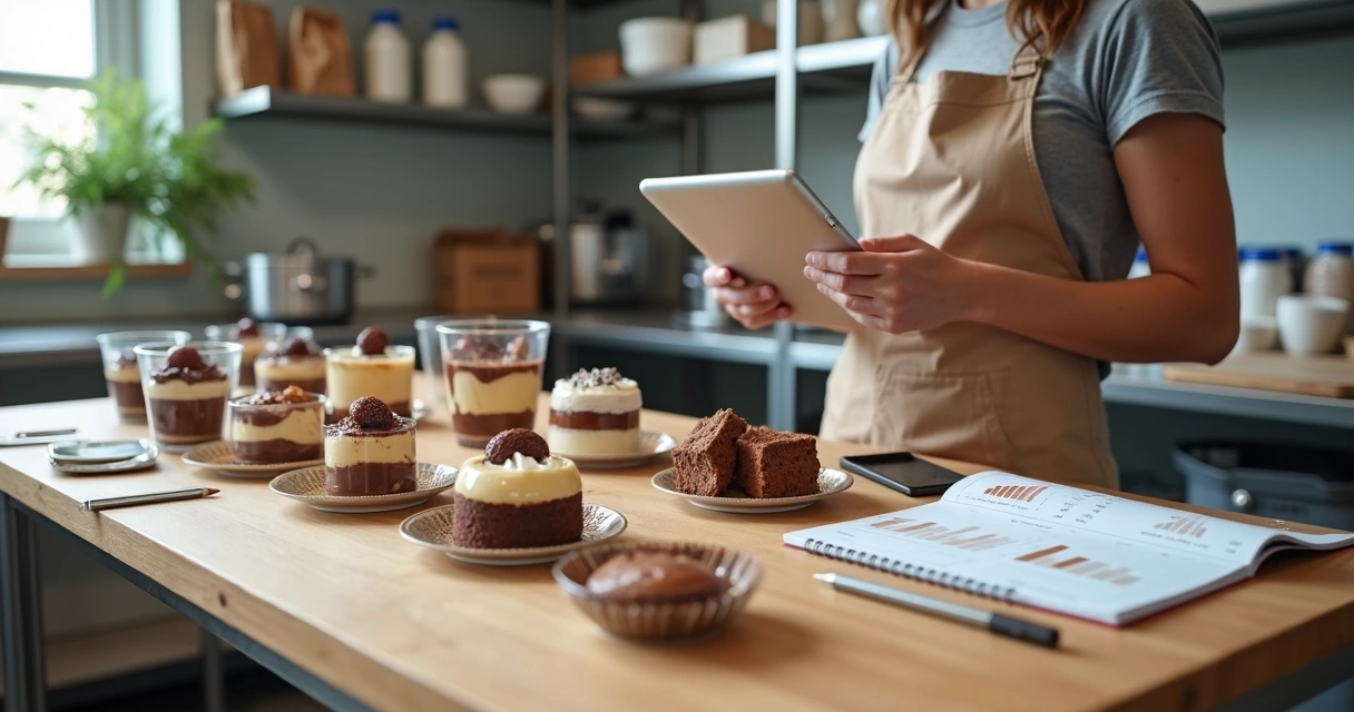 Empreendedora calculando preço de sobremesas para delivery em cozinha profissional