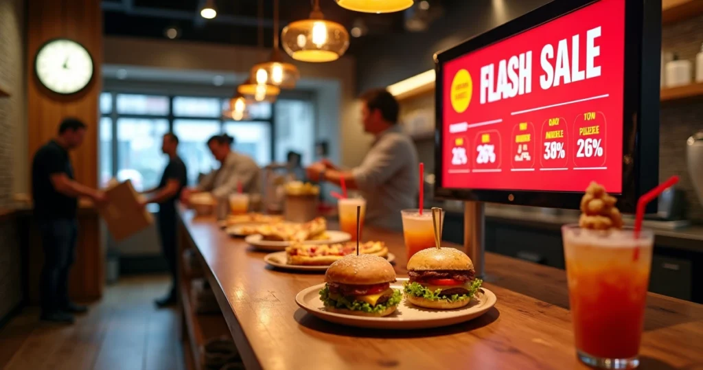 Destaque de promoção-relâmpago em restaurante com relógio e cardápio digital