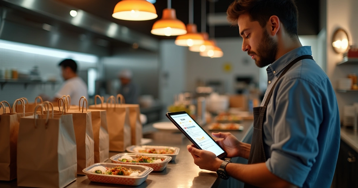 Dono de restaurante olhando avaliações do iFood em tablet ao lado de pedidos prontos em balcão