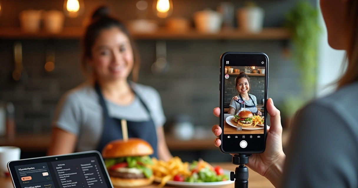 Dona de pequeno negócio de comida grava vídeo curto do cardápio para redes sociais