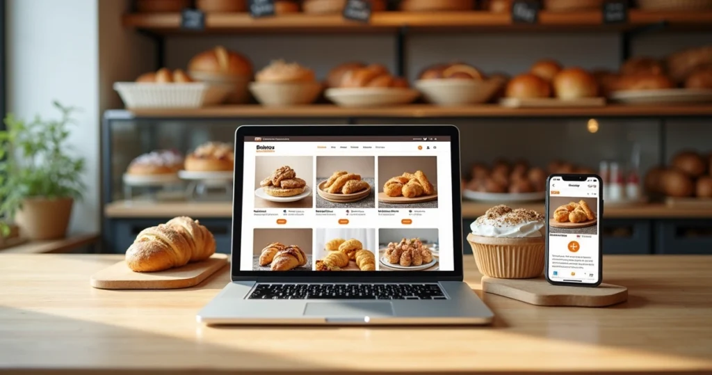 Padaria exibindo vitrine digital em notebook com fotos de pães e doces